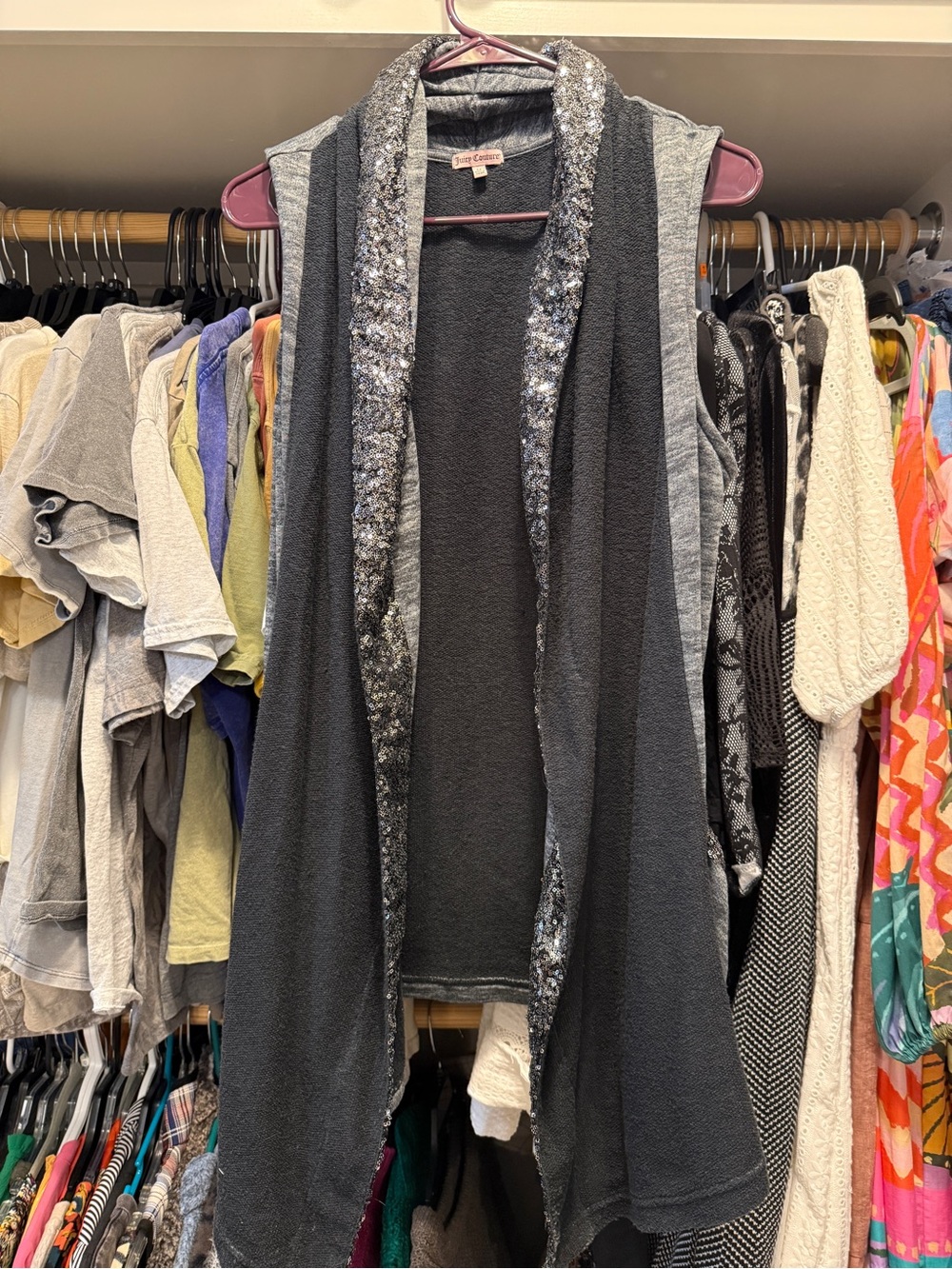 Juicy Couture Black Sleeveless Open-Front Sweater Vest with Sequin Trim